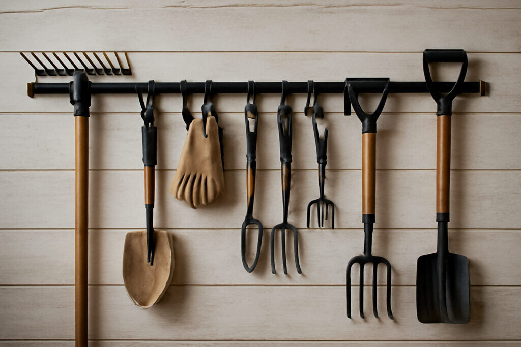 Hang Garden Tools on a Wall-Mounted Rail System